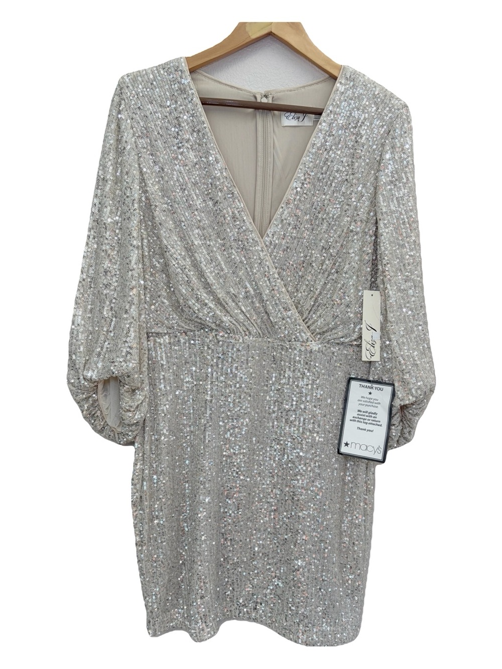 Eliza J Sequin Surplice Balloon Long Sleeve Cocktail Dress Wrap V-Neck Sz 12 P